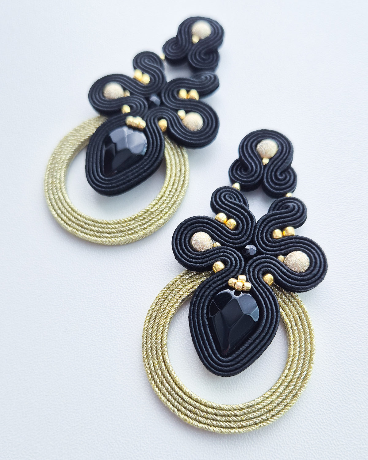 Marrakesh - Black Onyx & Gold Soutache Earrings