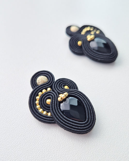 Casablanca - Black Onyx & Gold Soutache Earrings