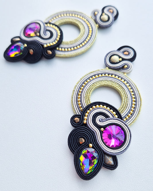 Shanghai - Fuchsia & Gold Soutache Earrings