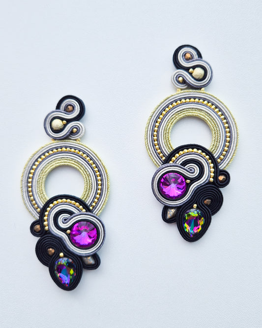 Shanghai - Fuchsia & Gold Soutache Earrings