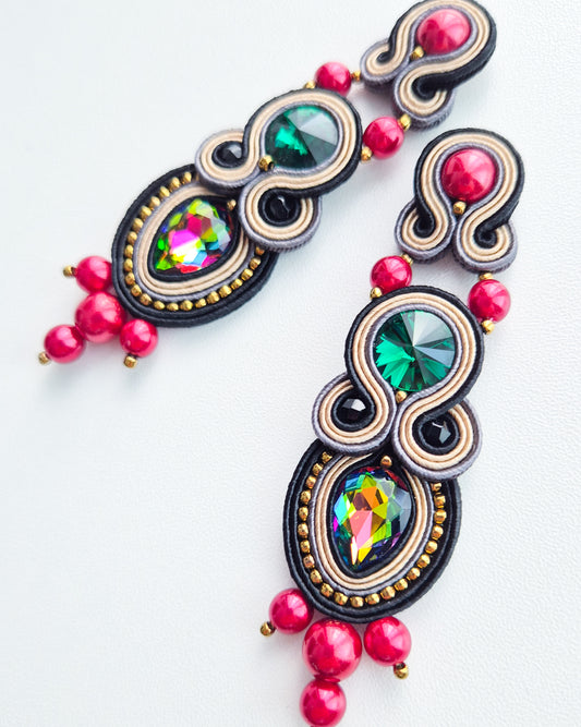 Budapest - Emerald, Bordeaux & Multicolor Crystal Soutache Earrings
