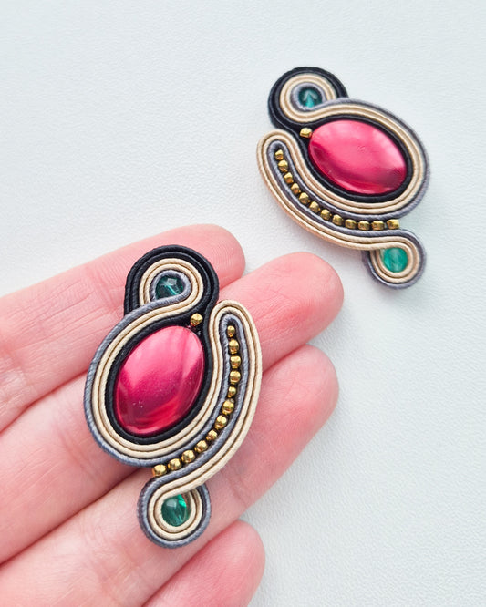 Prague - Bordeaux & Emerald Soutache Earrings