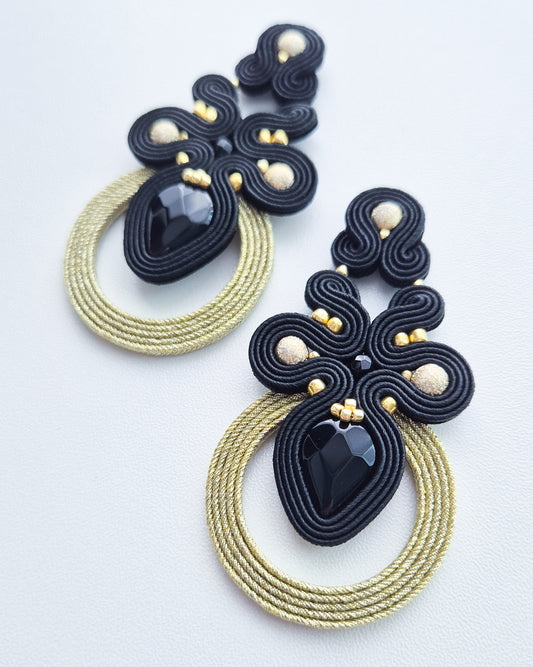 Marrakesh - Black Onyx & Gold Soutache Earrings
