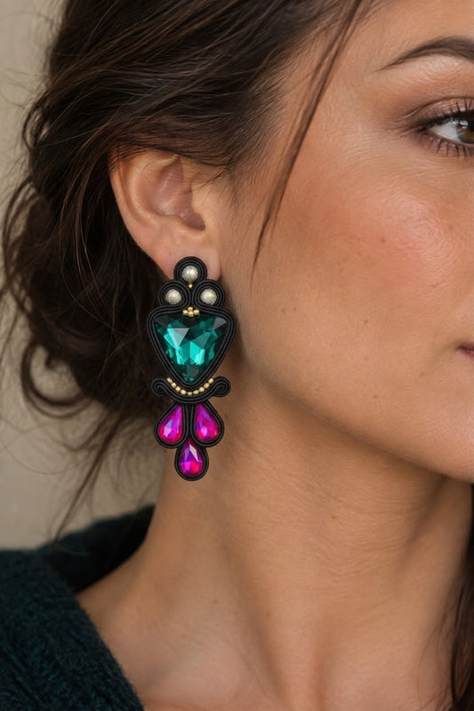 Rio - Pink & Emerald Soutache Earrings