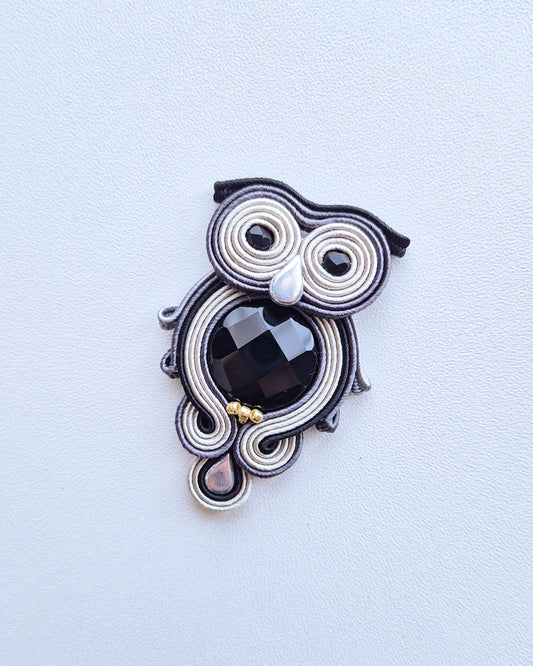 Poppy - Black Onyx & Grey Owl Brooch