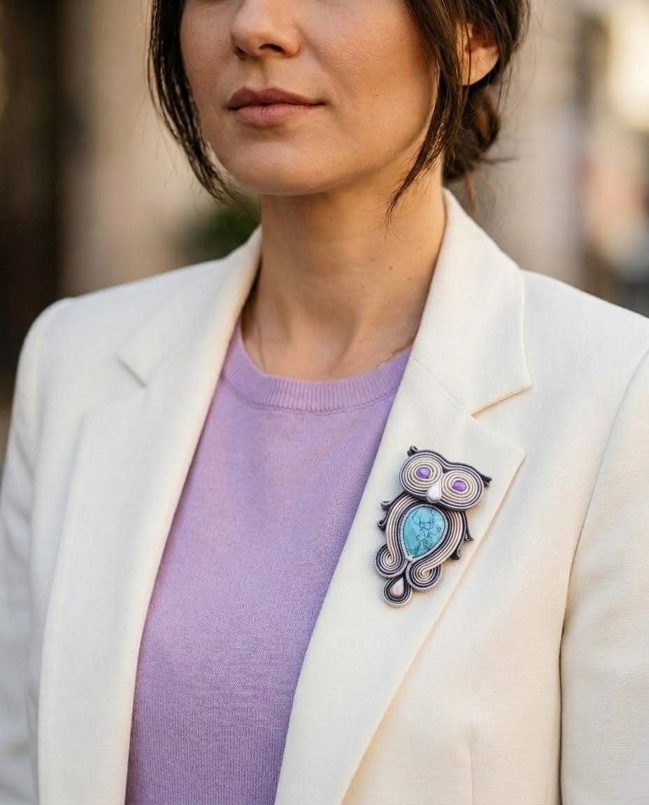 Penny - Turquoise & Lavender Owl Brooch