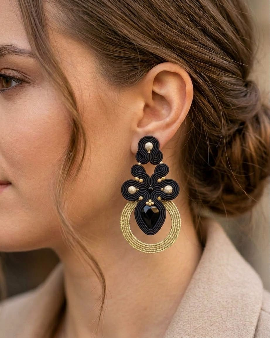 Marrakesh - Black Onyx & Gold Soutache Earrings