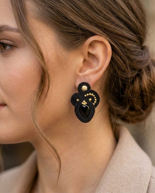 Casablanca - Black Onyx & Gold Soutache Earrings