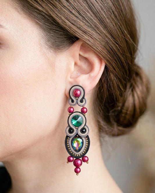 Budapest - Emerald, Bordeaux & Multicolor Crystal Soutache Earrings